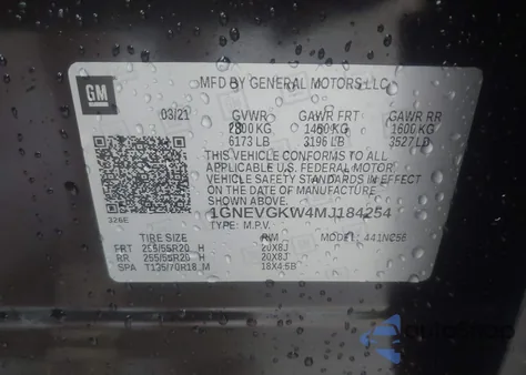 2021 Chevrolet Traverse Awd Lt Cloth z USA, uszkodzony, nr VIN 1GNEVGKW4MJ184254